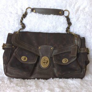 COACH Brown Signature Canvas Shoulder Bag With Leather Trim And Brass Hardware